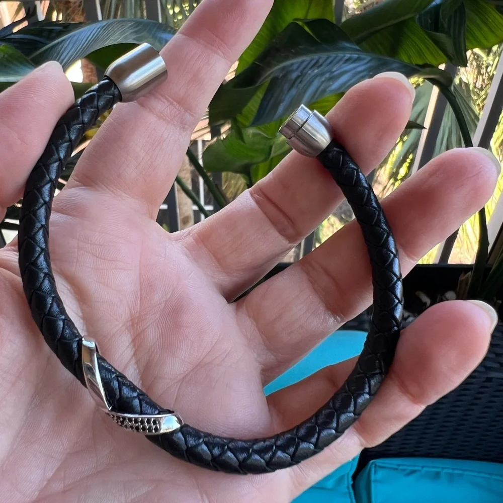 Black Braided Leather Bracelet with Black CZ Pavé Accent